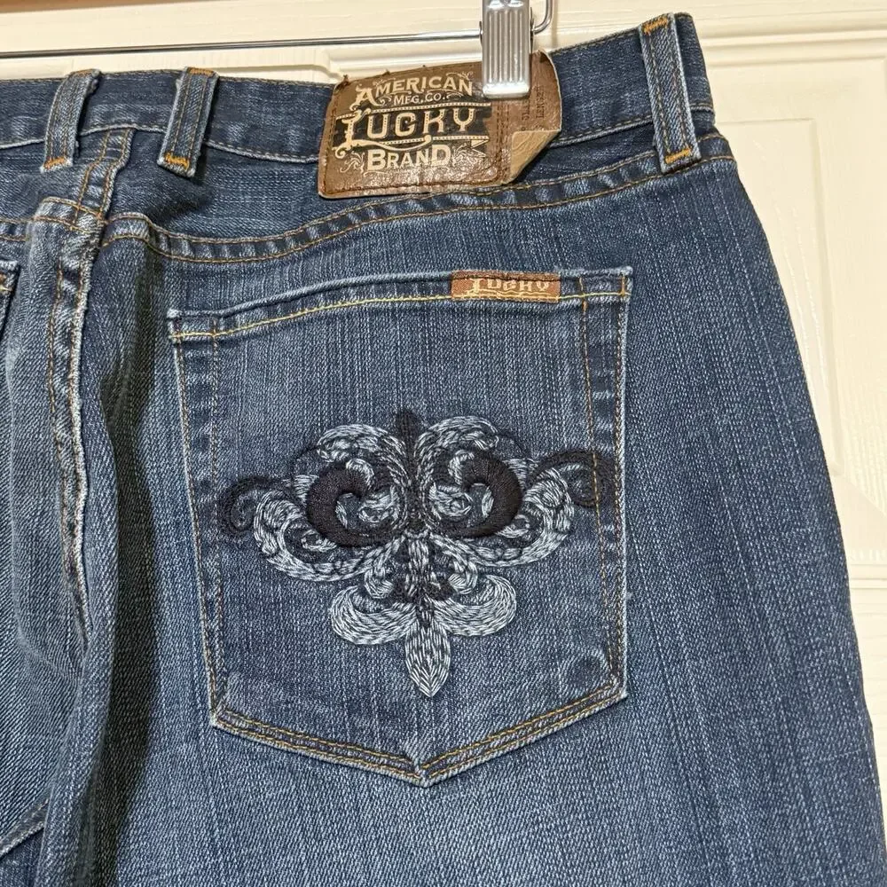 VTG Y2k Lucky Brand Jeans SIZE 12 LONG TALL Bootcut Fleur De Lis Embroidered USA